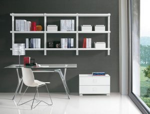 interesting-home-office-design-with-atrractive-shelves-idea-on-the-wall-also-modern-glass-office-as-well-wide-glass-window-and-white-tile-floor